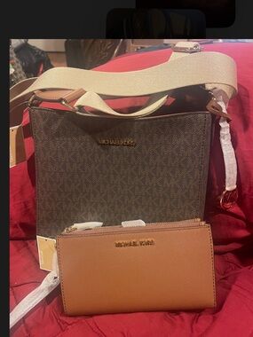 Michael Kors Brown Monogram Crossbody with Tan Wallet